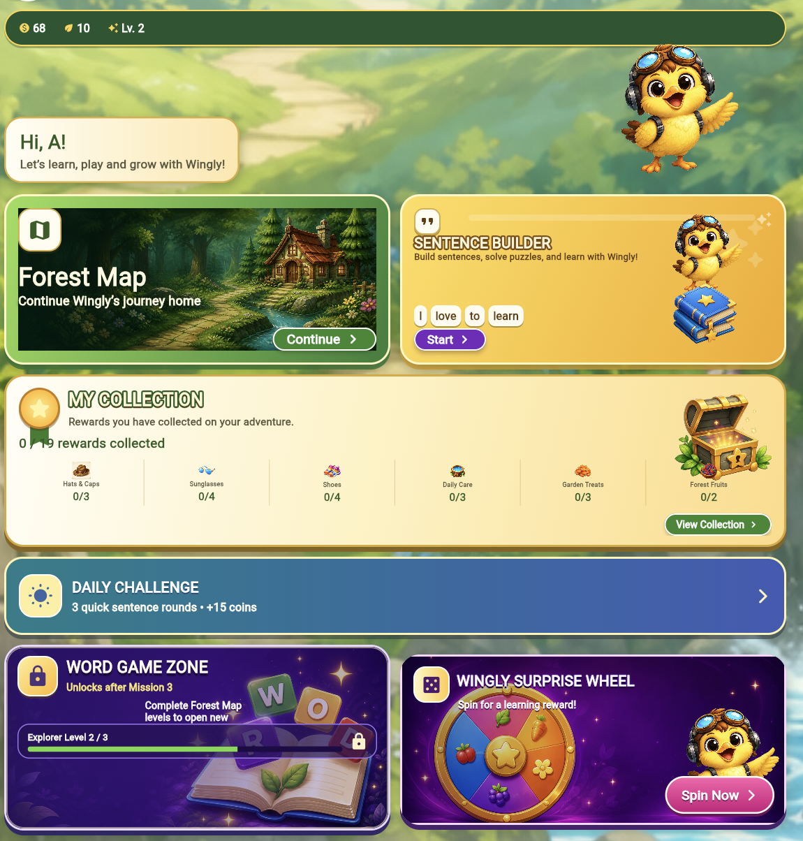 Current Wingly Word Adventure home screen showing Forest Map, Sentence Builder, My Collection, Daily Challenge, Word Game Zone and Wingly Surprise Wheel